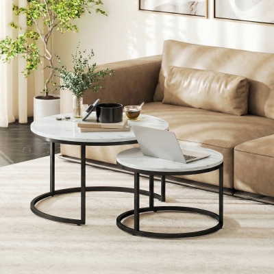HOMCOM Modern Coffee Table Set of 2, Nesting Side Tables w/ Metal Base for Living Room Bedroom Office Marble White