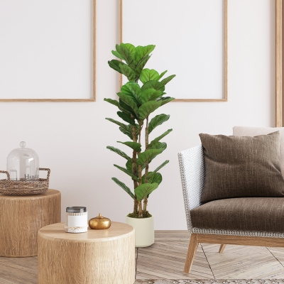 HOMCOM 4FT Artificial Fiddle Leaf Fig Tree, Fake Potted Tree with Solid Wood Trunks and Lifelike Leaves for Indoor Decor, Green