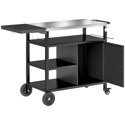Outsunny Outdoor BBQ Stand with Foldable Side Table, Stainless Steel Top, Pizza Oven Table with Wheels Hooks Shelves