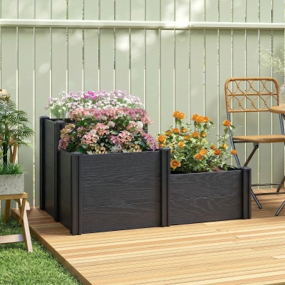 Outsunny Vinyl Raised Garden Bed Kit, 3-Tier Elevated Garden Box with Open Bottom, DIY Assembly, Grey Wood Effect