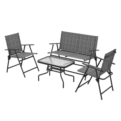 Outsunny Outdoor 4 Pieces Patio Furniture Set, Garden Set with Two Foldable Armchairs, a Loveseat & Glass Top Table, Mixed Grey