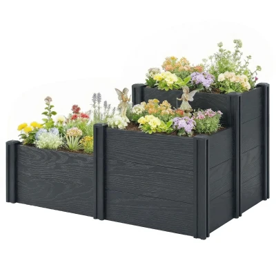 Outsunny Vinyl Raised Garden Bed Kit, 3-Tier Elevated Garden Box with Open Bottom, DIY Assembly, Grey Wood Effect