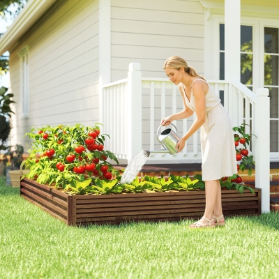 Outsunny L-Shaped Raised Garden Bed, 82" x 109" x 12" Galvanized Steel Planter Box with Multi-reinforced Rods for Vegetables, Flowers and Herbs, Dark Brown Wood Effect