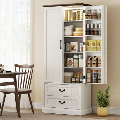 HOMCOM 72" LED Kitchen Pantry Cabinet, Buffet Storage Cabinet with 10 Door Shelves, 2 Drawers and Adjustable Shelves, White