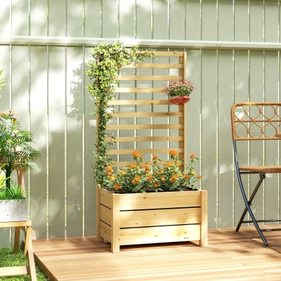 Outsunny Wooden Raised Garden Bed with Trellis, Outdoor Elevated Planter Box with Drainage Hole and Bed Liner