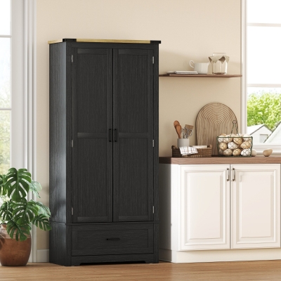 HOMCOM 69" Tall Farmhouse Kitchen Pantry Cabinet with 2 Doors, Drawer and Adjustable Shelves, Black and Brown