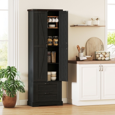 HOMCOM 71" Tall Kitchen Pantry Cabinet, Farmhouse Kitchen Storage Cabinet with 2 Drawer and Adjustable Shelves, Black