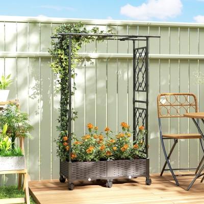 Outsunny Raised Garden Bed with Arch Trellis, Raised Bed for Garden on Wheels with Side Trellis for Climbing Plants, Flowers