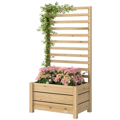 Outsunny Wooden Raised Garden Bed with Trellis, Outdoor Elevated Planter Box with Drainage Hole and Bed Liner