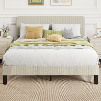 HOMCOM Queen Size Bed Frame with Adjustable Upholstered Headboard Platform Bed Frame Wood Slat Support Noise Free Light Grey