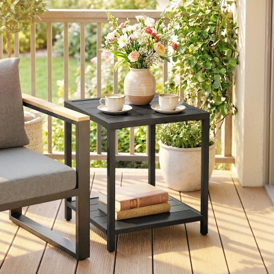 Outsunny Outdoor Coffee Table 2-Tier Patio Coffee Table with Storage Shelf, Adjustable Feet for Garden Balcony Poolside Black