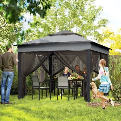 Outsunny 10.7 x 10.7ft Pop Up Gazebo, Adjustable Instant Sun Shelter with UV30+ Roof Cover, Removable Mesh Curtains, Dark Grey