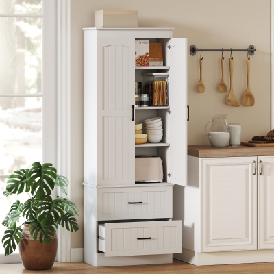 HOMCOM Tall Pantry Cabinet, 67" Kitchen Storage Cabinet with Adjustable Shelves and 2 Drawers for Kitchen, Dining Room, White