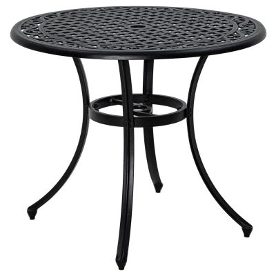 Outsunny 35.5" Round Outdoor Dining Table for 2-4, Cast Aluminum Garden Patio Table with 2" Umbrella Hole, Grid Top, Black