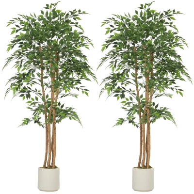 HOMCOM 6FT Artificial Banyan Tree Set of 2, Fake Potted Tree with Solid Wood Trunk and Pot for Indoor