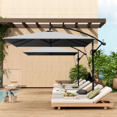 Outsunny Patio Offset Umbrella UPF 50+ UV Protection, Crank Parasol with Base, Cover & Wind Securing, Khaki