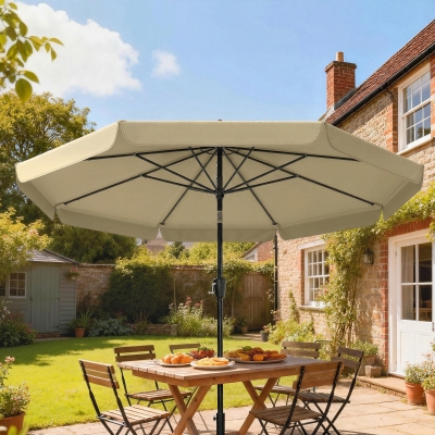Outsunny 10 ft Patio Umbrella with Push Button Tilt and Crank, Outdoor Market Table Umbrella Parasol, Khaki