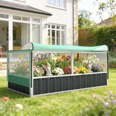 Outsunny Raised Garden Bed, 5.7 x 3 x 2.3ft Steel Planter Box Outdoor with Cover, Gloves, Dark Grey