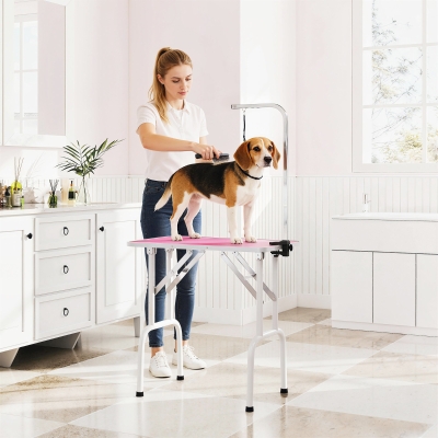 PawHut Foldable Pet Grooming Table for Dogs Cats with Adjustable Arm, Non-slip Surface, Pink