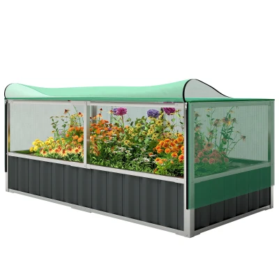 Outsunny Raised Garden Bed, 5.7 x 3 x 2.3ft Steel Planter Box Outdoor with Cover, Gloves, Dark Grey