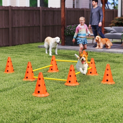 PawHut Dog Agility Hurdle Cone Set, Adjustable Obstacle Course Equipment with 8 Cones & 8 Poles, Carry Bag, Orange