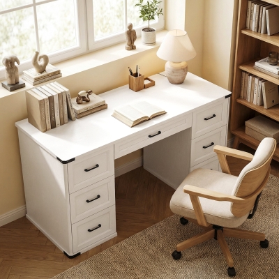 HOMCOM 55" Computer Desk with 7 Drawers, Farmhouse Executive Desk for Home Office, Study, Bedroom, White Wood Grain