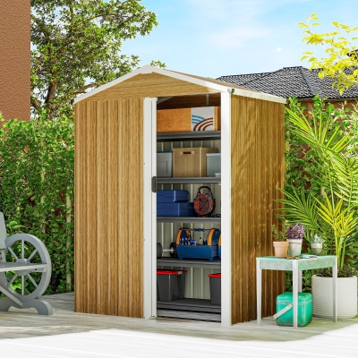 Outsunny 4.5 x 3ft Outdoor Storage Shed, Waterproof Metal Garden Shed with Lockable Door for Backyard, Patio, Lawn, Wood Grain