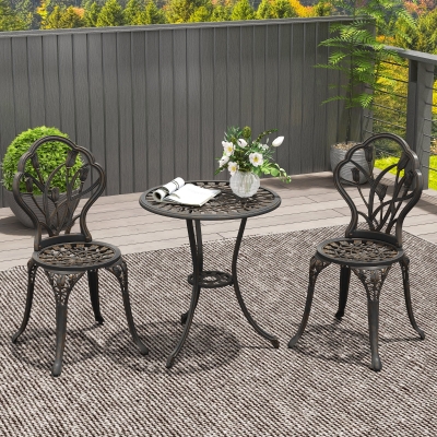 Outsunny 3PCs Patio Bistro Set, Outdoor Cast Aluminum Garden Table and Chairs with Umbrella Hole for Balcony, Bronze