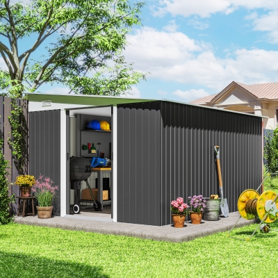 Outsunny 11' x 9' Steel Garden Storage Shed, Outdoor Metal Tool House with Double Sliding Doors, Dark Grey