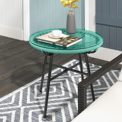 Outsunny Rattan Side Table, Round Outdoor Table, with Round PE Rattan and Tempered Glass Table Top for Patio, Garden, Light Green