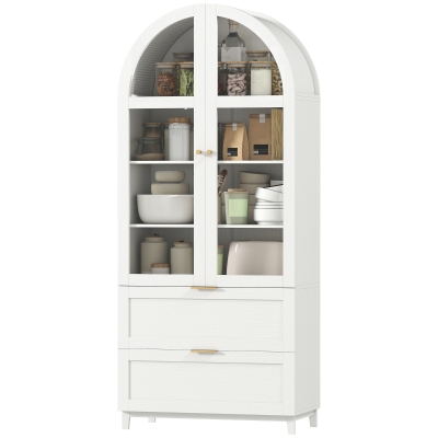 HOMCOM Arched Kitchen Pantry Cabinet, 71" Tall Farmhouse Kitchen Storage Cabinet with 2 Drawers, Acrylic Glass Doors, White