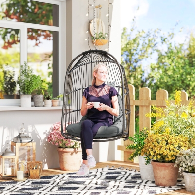Outsunny Hanging Egg Chair, Foldable Rattan Garden Swing Chair with Installation Kit, Thickened Cushion and Headrest, Dark Grey
