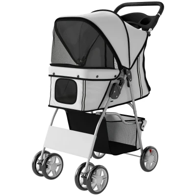 PawHut Pet Stroller for Dogs & Cats, Foldable Dog Stroller with Wheels, Reflective Strips, Brake, Pad and Basket, Grey