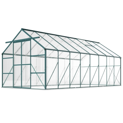 Outsunny 16' x 8' Aluminum Polycarbonate Greenhouse Walk-in Garden Greenhouse Kit with Adjustable Roof Vent, Rain Gutter and Sliding Door for Winter, Green