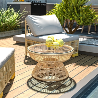 Outsunny Rattan Outdoor Coffee Table, Patio End Table with Tempered Glass Tabletop & Steel Frame, Wicker Furniture, Nature Wood