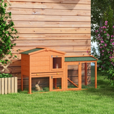 PawHut Two-Level Rabbit Hutch Small Animal House Pet Bunny Cage Home w/ Outdoor Run Water & UV Resistant Roof Access Ramp