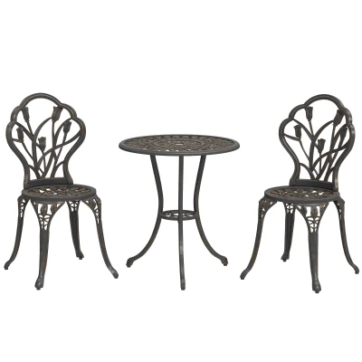 Outsunny 3PCs Patio Bistro Set, Outdoor Cast Aluminum Garden Table and Chairs with Umbrella Hole for Balcony, Bronze