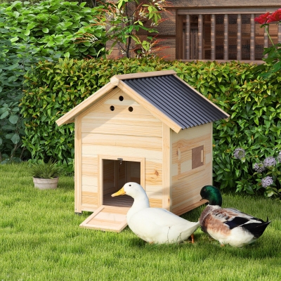 PawHut Duck Coop, Wooden Duck House with Openable Roof & Double Doors, Natural Wood
