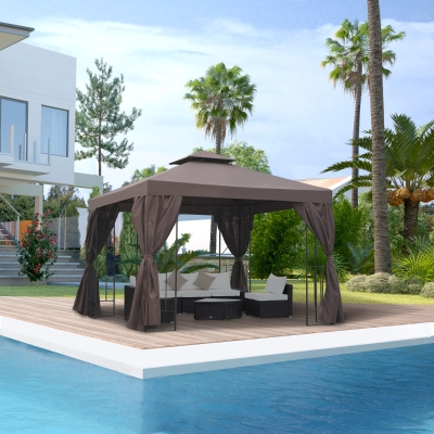 Outsunny 10' x 10' Patio Gazebo Outdoor, Canopy Shelter with Double-tier Roof, Pavilion Sidewalls for Garden Events, Brown