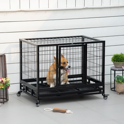 PawHut Heavy Duty Dog Crate Cage for Medium Small Dogs Cats with Two Doors, Lockable Wheels, Removable Tray, 36" x 24" x 27"