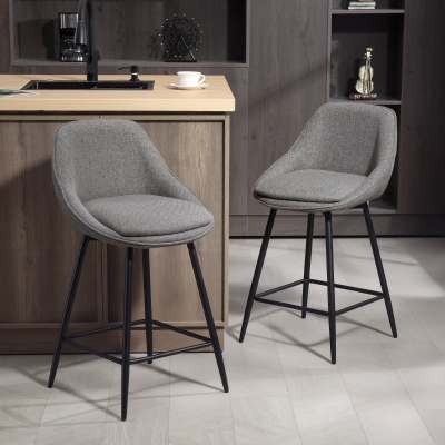 HOMCOM 26" Counter Height Barstools Set of 2, Upholstered Swivel Bar Stools with Backrests and Armrests, Dark Grey
