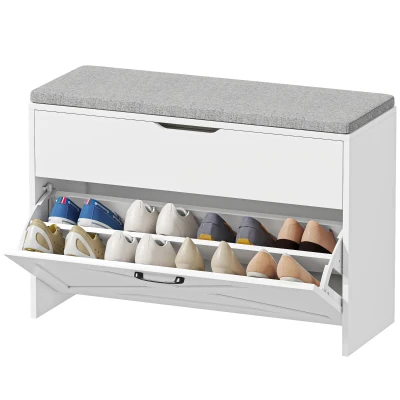 HOMCOM Shoe Storage Bench with Flip Drawer and Lift Top Storage, Entryway Bench with Seat Cushion for Hallway, White