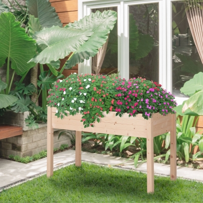 Outsunny 48" x 22" x 30" Wooden Patio Raised Garden Bed Planter, Elevated Planter Box with Legs, Outdoor Flower Stand with Inner Bag, Natural Wood Colour