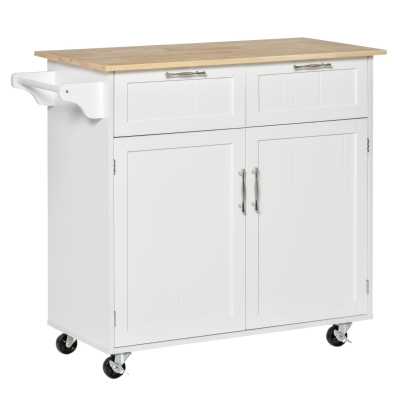 HOMCOM Rolling Kitchen Island with Storage Drawers, Kitchen Cart with Rubber Wood Top, Cabinet & Towel Rack, White