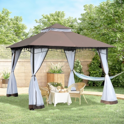 Outsunny 10' x 10' Double Tier Garden Gazebo Canopy Outdoor Sunshade Tent Anti-UV Roof with Metal Frame, Coffee