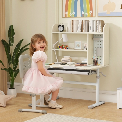 Qaba Kids Desk Height Adjustable with Tilted Desktop, Storage, Drawer, Pegboard, for 3-12 Years