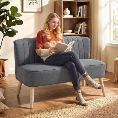 HOMCOM Modern 2 Seat Sofa for Bedroom, Upholstered Two Seater Couch with Rubber Wood Legs, Light Grey