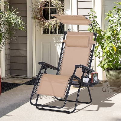Outsunny Outdoor Zero Gravity Reclining Lounger Chair with Canopy Shade, Side Tray, Cupholder, Beige