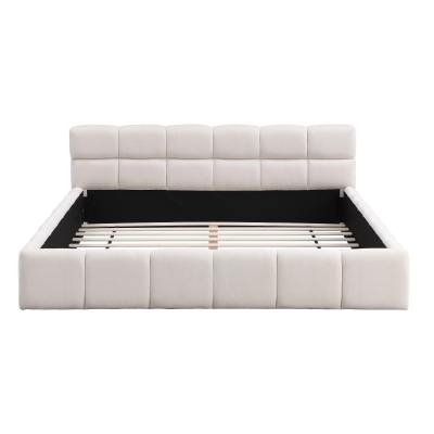 Queen-Size Chenille Upholstered Bed with Checkerboard Headboard, Durable Bed Frame for Homes and Families, 88'' L x 67.5'' W x 24'' H, Beige