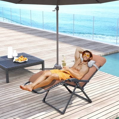 Outsunny Padded Folding Recliner Chair, Patio Lounger with Cupholder, Adjustable Backrest, Removable Cushion, Khaki